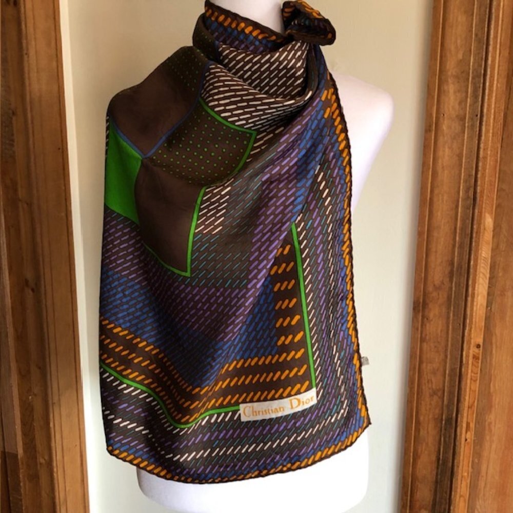 CHRISTIAN DIOR Silk Geometric Large Square Scarf Earth Tones Vintage - Picture 4 of 16